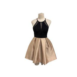 Teeze Me Black & Gold Open Back Party Dress Size 1 Sleeveless Halter Neck Polyes